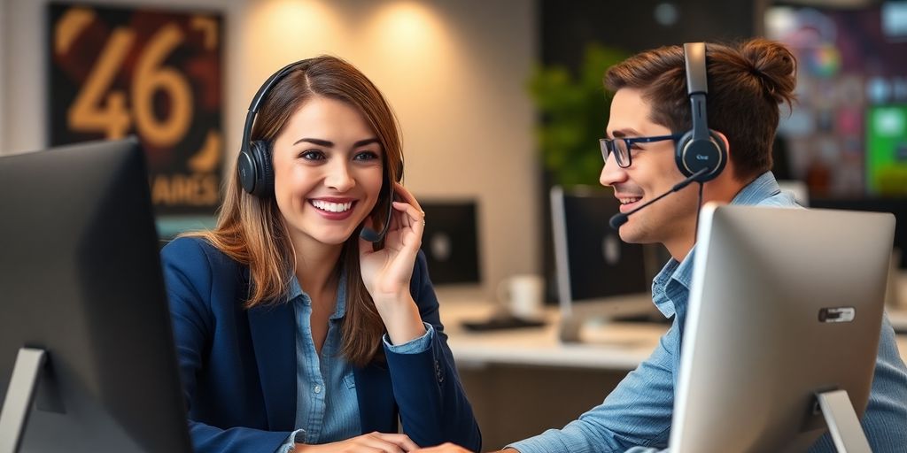 Kundenservice-Mitarbeiter hilft einem Klienten am Telefon.