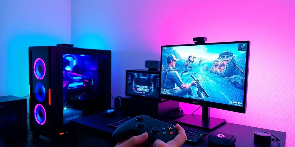 Gaming-Setup mit Monitoren und RGB-Beleuchtung.