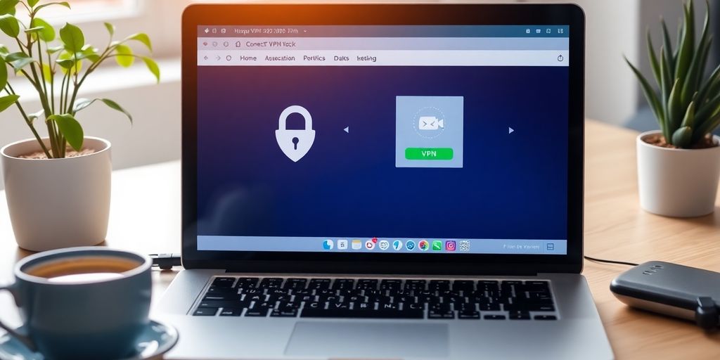 Laptop mit VPN-Oberfläche in einem gemütlichen Arbeitsbereich