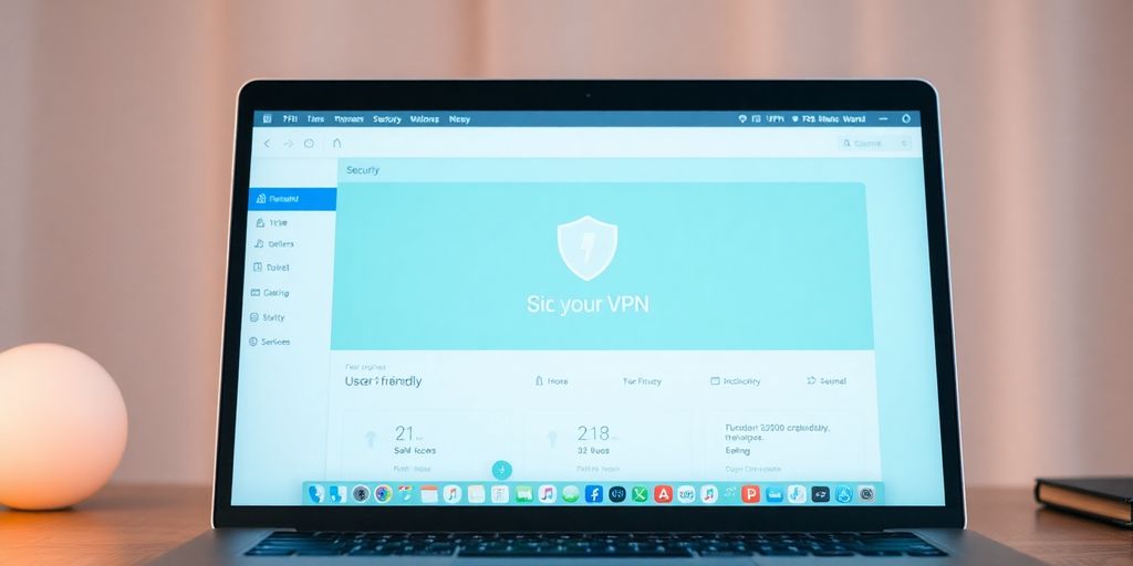 MacBook mit VPN-Anwendung auf einem modernen Schreibtisch.