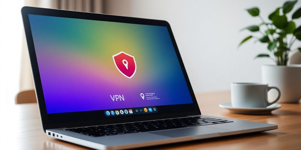 Laptop mit VPN-Oberfläche in einem gemütlichen Raum.