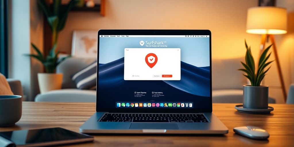 MacBook mit Surfshark VPN in ruhiger Umgebung.