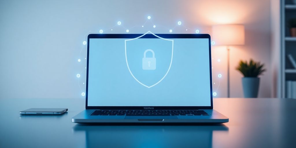 Sicheres VPN für Mac mit Laptop und digitalem Schutz.