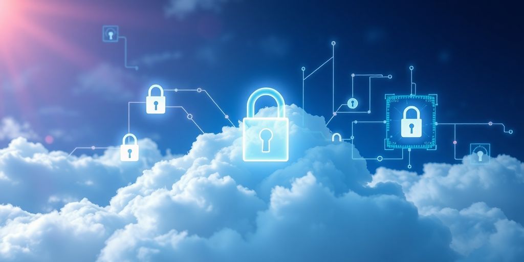 Sichere Cloud-Umgebung mit digitalen Schlössern und Datenströmen.