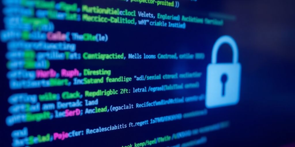 Nahaufnahme eines Computerbildschirms mit Code und digitalem Schloss.