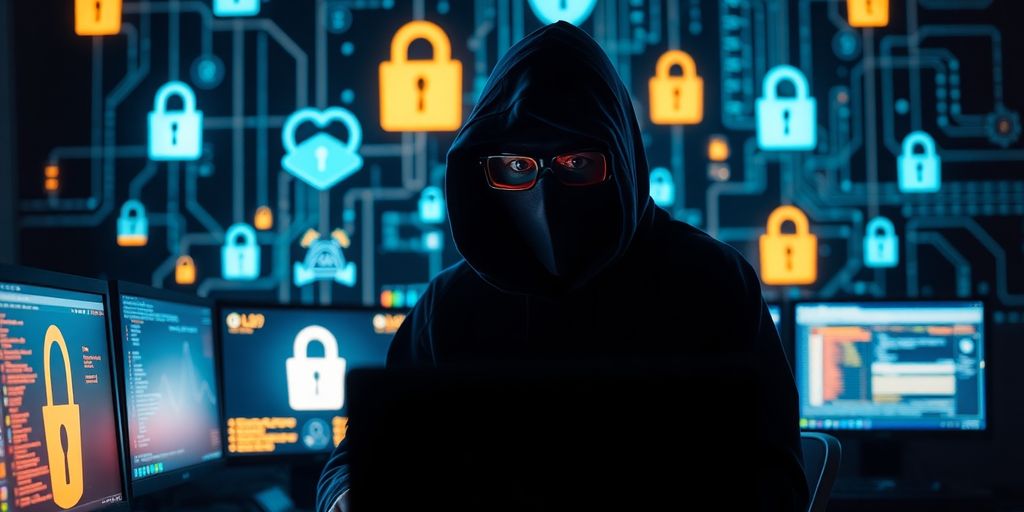 Hacker an Computer mit digitalen Sicherheitsicon.