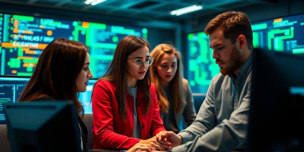 Diverse Gruppe von Cybersecurity-Experten in Diskussion.