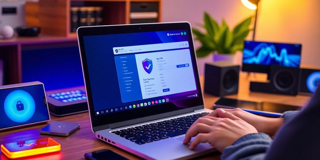 Laptop mit VPN-Oberfläche und modernen technischen Geräten.