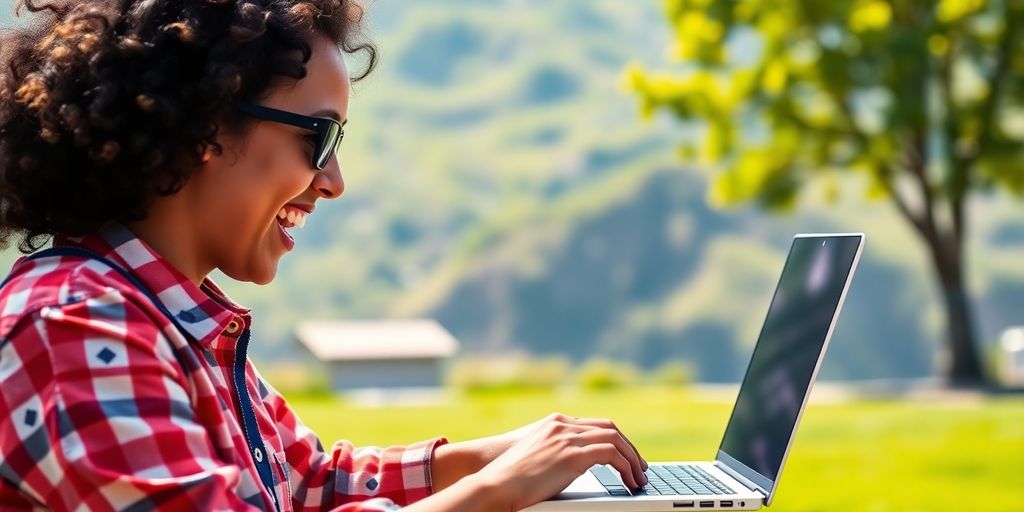 Person mit Laptop im Freien, schnelle Internetverbindung.