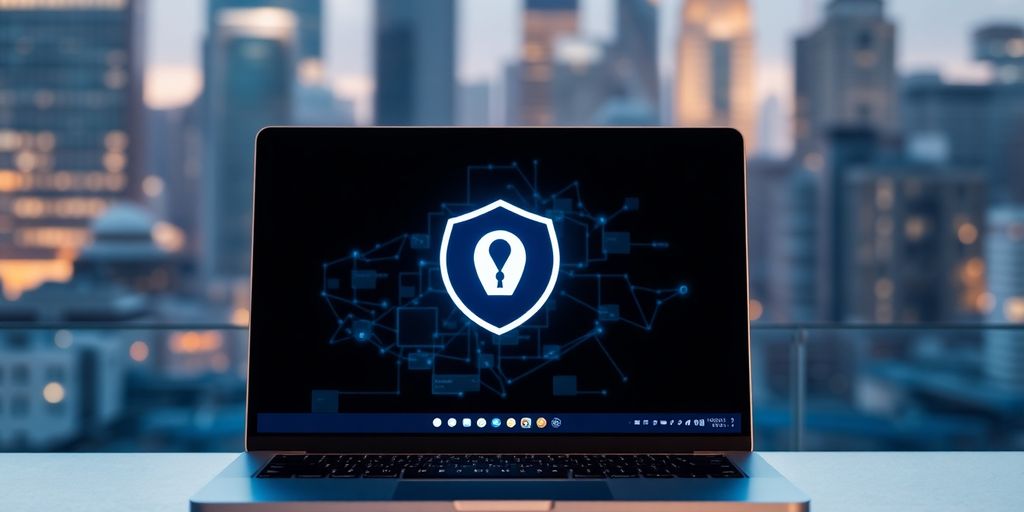 Laptop mit VPN-Schnittstelle vor verschwommenem Stadtbild.