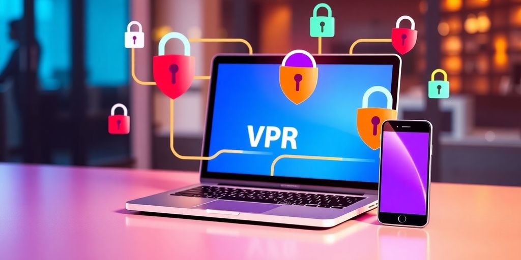 Laptop und Smartphone mit VPN-Symbolen.