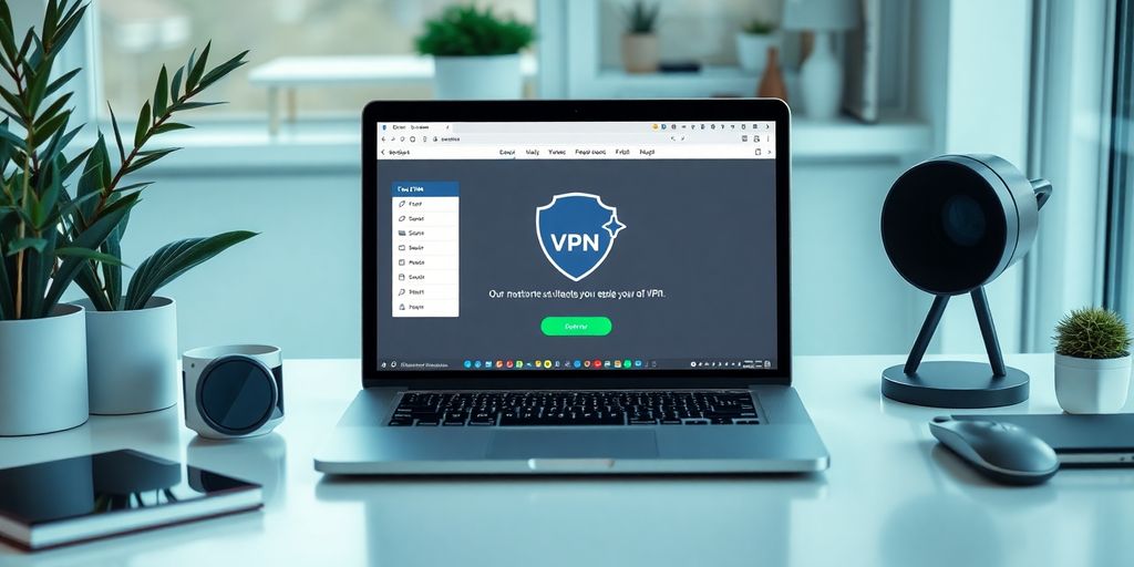 Ein Laptop mit VPN auf einem Schreibtisch.