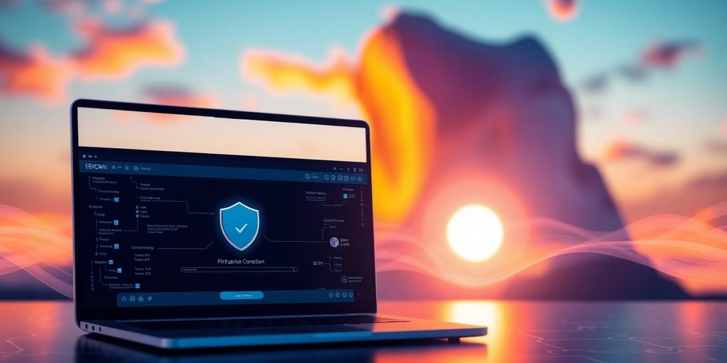 Laptop mit VPN-Schnittstelle und digitaler Landschaft