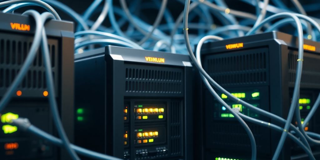 Mehrere verbundene VPN-Server mit leuchtenden Kabeln.