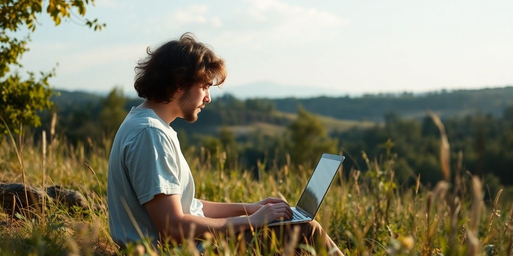 Person mit Laptop in der Natur, virtueller Standort.