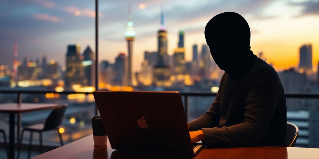 Person mit Laptop in einem Café, unscharfer Stadthorizont.