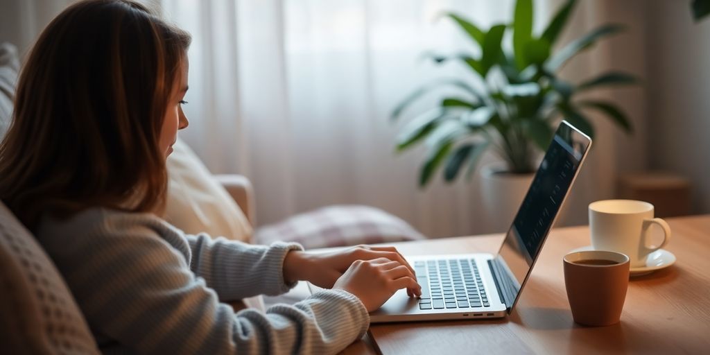 Person am Laptop in einem gemütlichen Raum.