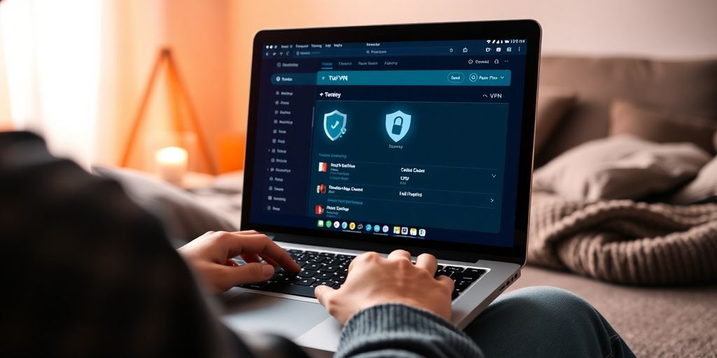 Laptop mit VPN-Interface in gemütlichem Zuhause.