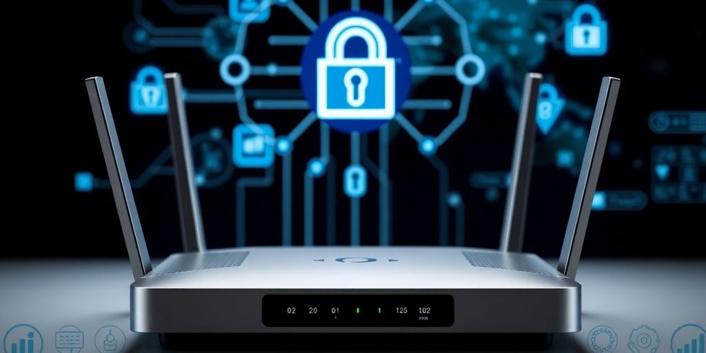 Router mit digitalen Sicherheitselementen im Hintergrund