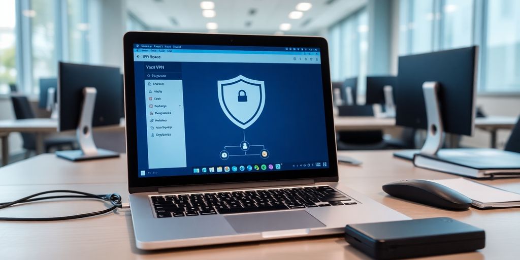 Laptop mit VPN-Schnittstelle in modernem Büro.