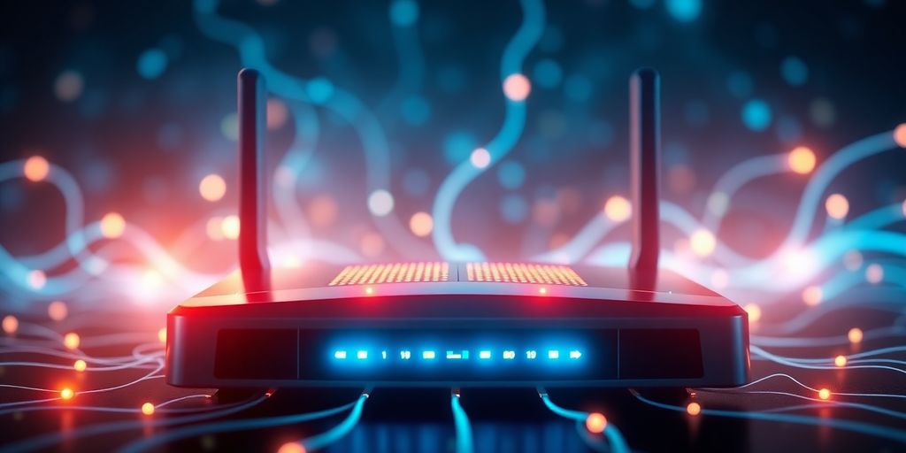 Router mit leuchtenden Lichtern und Datenströmen.