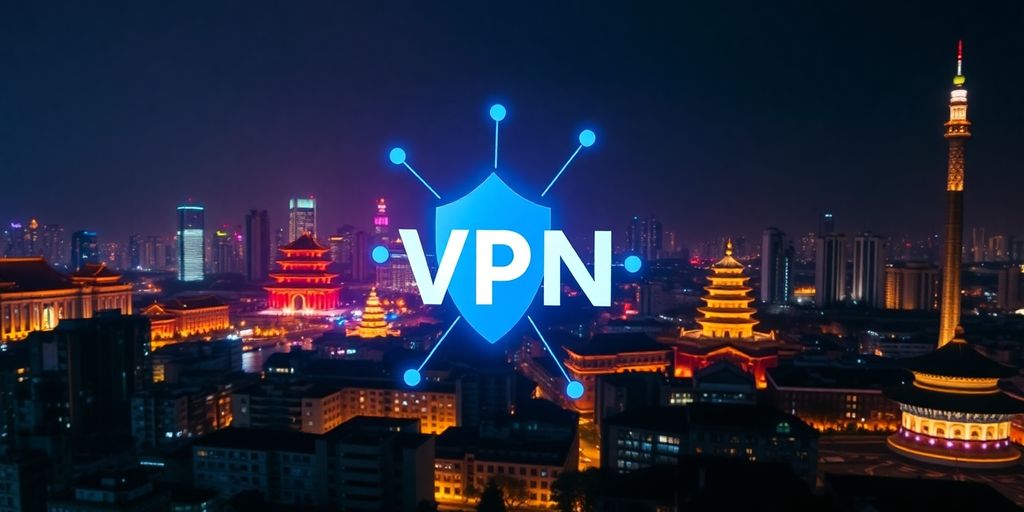 Beijing Skyline mit VPN-Symbol und nächtlicher Atmosphäre.