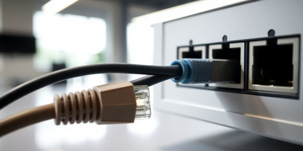 Netzwerkkabel an einem Router, technische Grundlagen eines VPN.