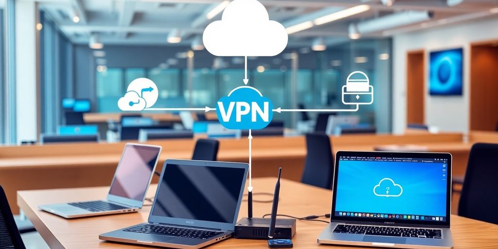 Büroumgebung mit VPN-Verbindung und Geräten.
