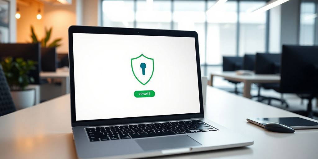 Büroumgebung mit Laptop und sicherer VPN-Verbindung.