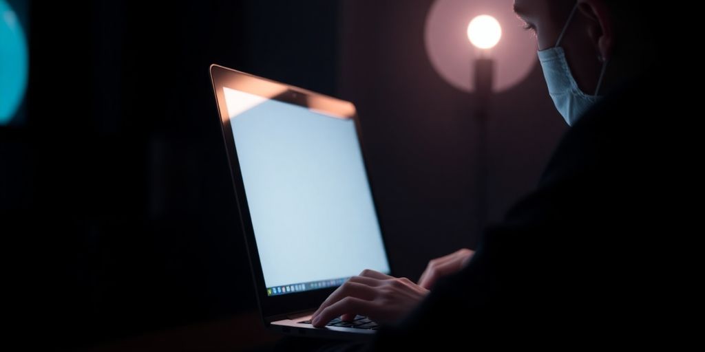 Person am Laptop in dunklem Raum mit Bildschirmlicht.