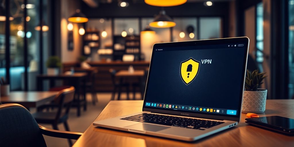 VPN-Symbol auf einem Laptop in einem Café.
