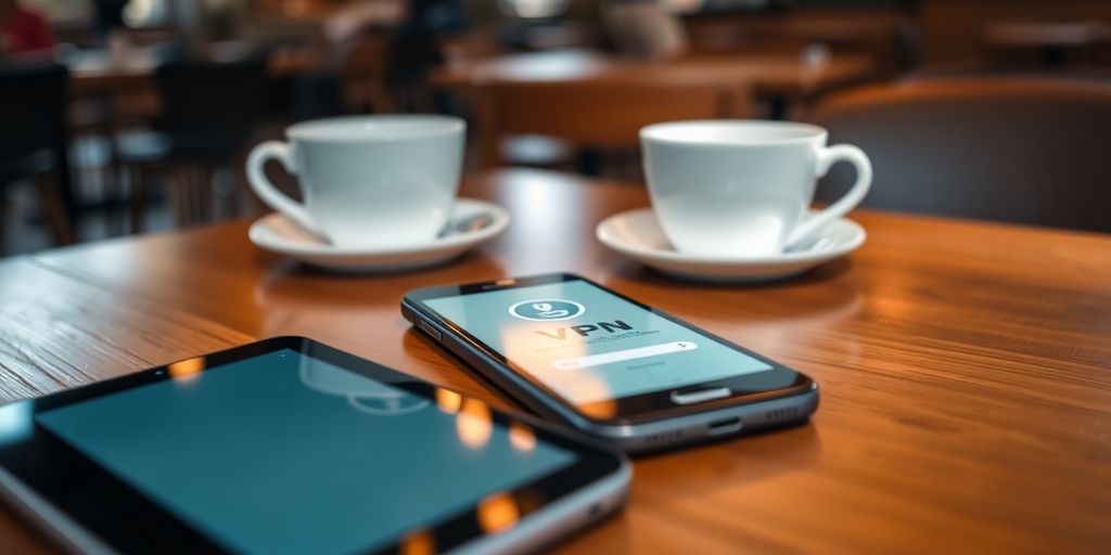 Smartphone und Tablet mit VPN-App auf einem Tisch.