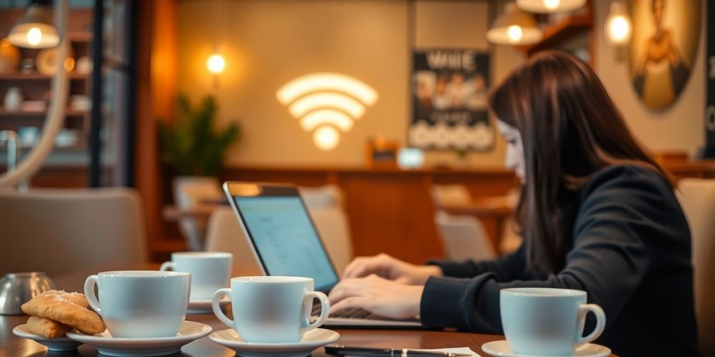 Person mit Laptop in einem Café.