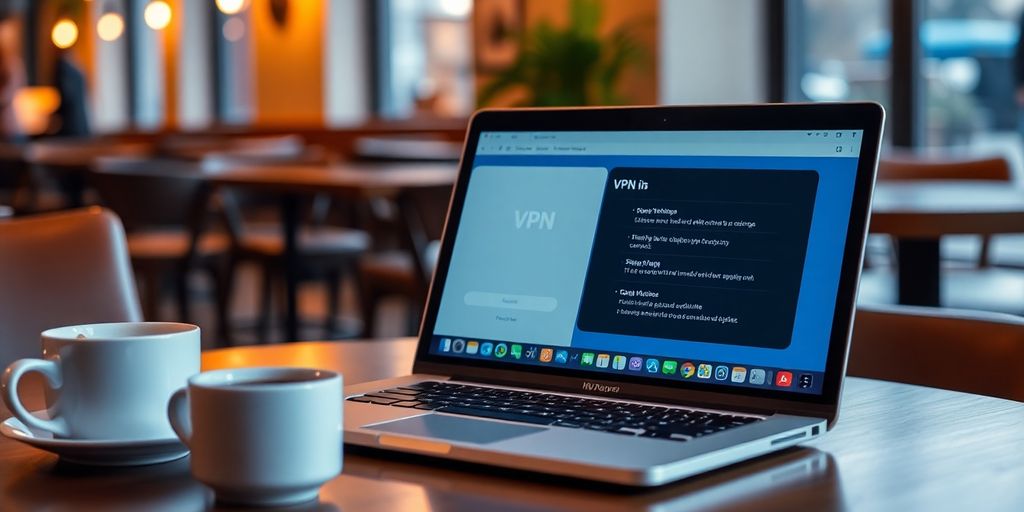 Gemütliches Café mit Laptop und VPN-Interface.