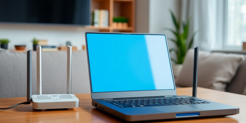 Heimnetzwerk mit Router und Laptop in gemütlicher Umgebung.