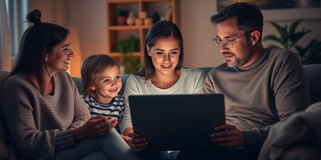 Familie am Laptop zu Hause mit VPN-Thema.