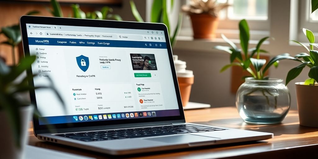 Ein Laptop mit VPN-Anzeige in einer ruhigen Umgebung.