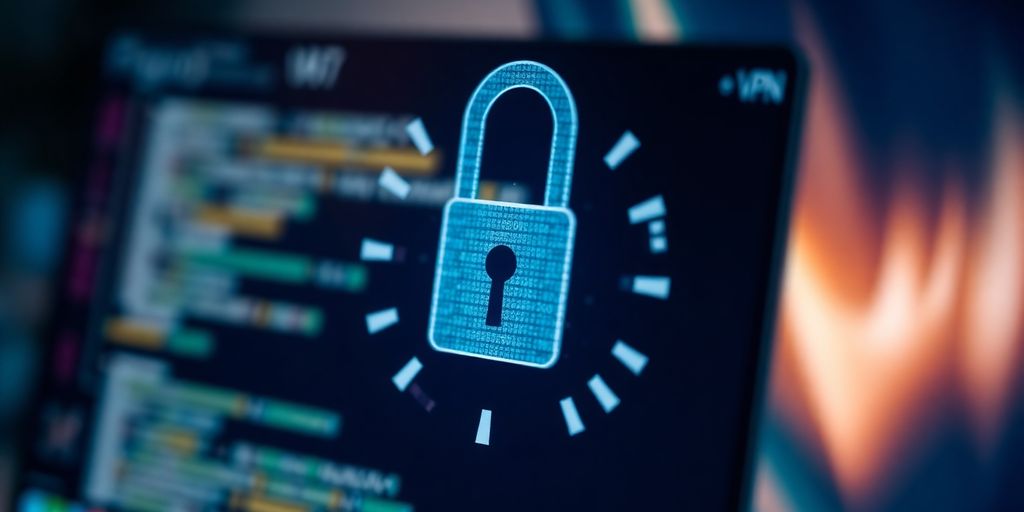 Digitalschloss über Computermonitor, VPN-Schutz.