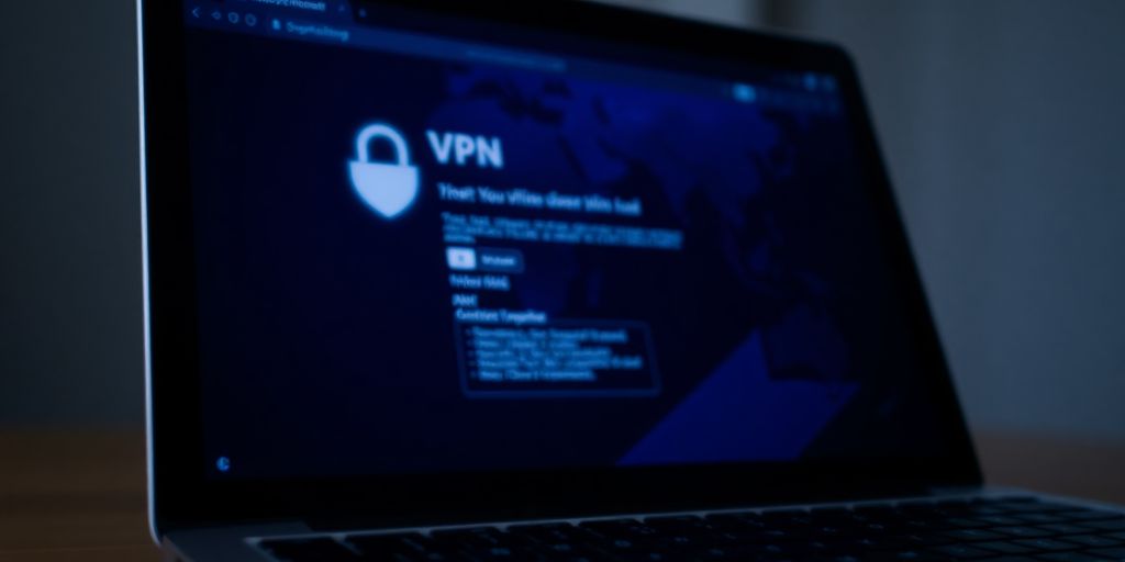 Laptop mit verschwommener VPN-Oberfläche im Hintergrund.