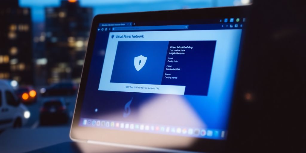 Laptop mit VPN-Schnittstelle und verschwommener Stadt im Hintergrund