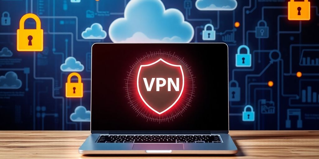 Laptop mit VPN-Symbol, umgeben von Wolken und Schlössern.