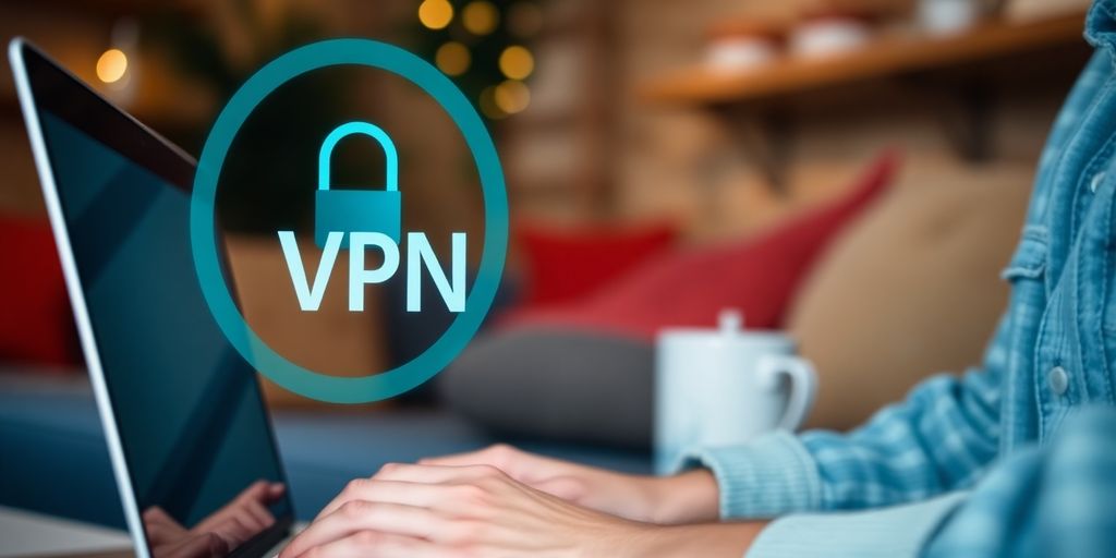 Person mit Laptop und VPN-Symbol im Hintergrund.