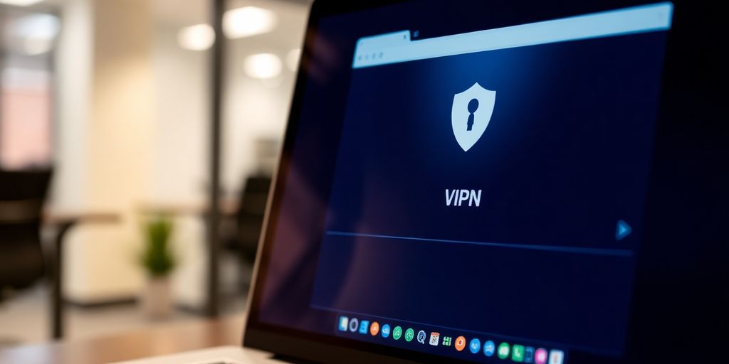 Laptop mit VPN-Schnittstelle in einem Bürohintergrund.