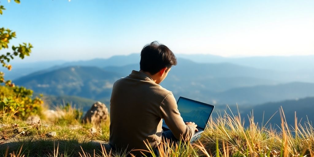 Person mit Laptop in der Natur, symbolisiert Privatsphäre.