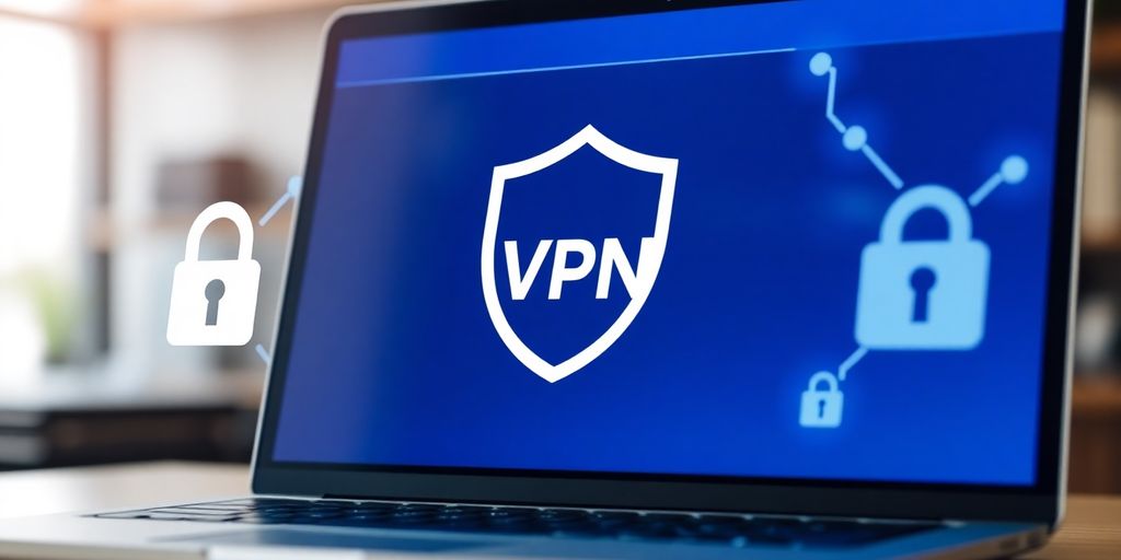 Laptop mit VPN-Symbol und Datenschutz-Elementen.