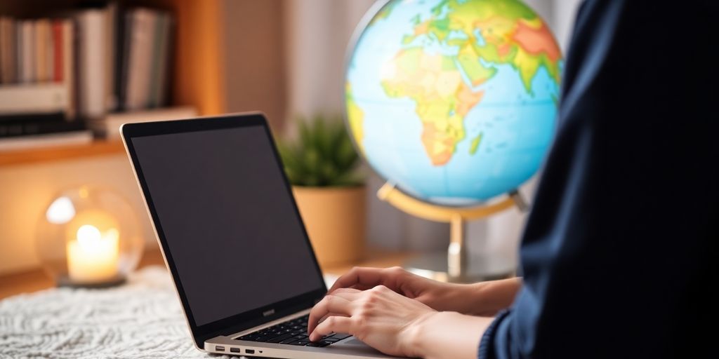 Person mit Laptop und Globus im Hintergrund.