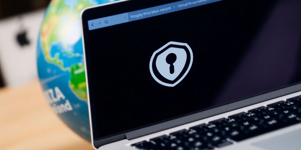 Laptop mit VPN-Schnittstelle und einer verschwommenen Weltkugel.