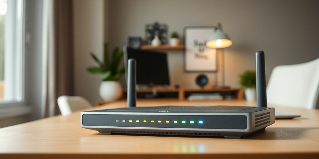 Nahaufnahme eines Routers mit blinkenden Lichtern.