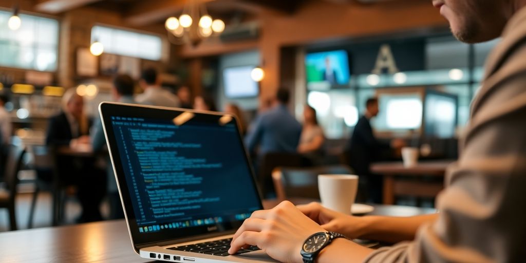Person mit Laptop in einem Café.