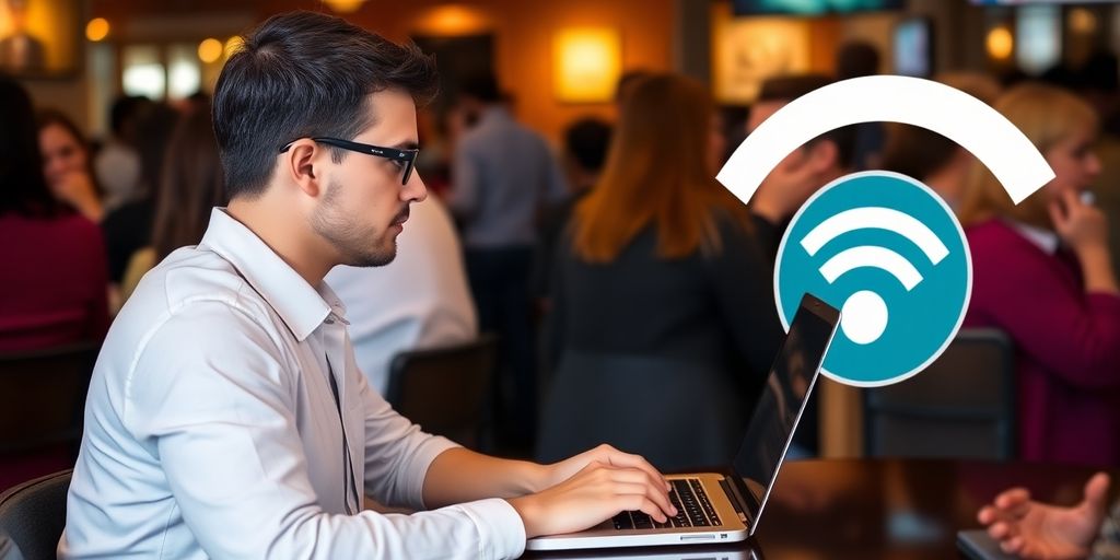 Mann, der Laptop in einem vollen Café benutzt.